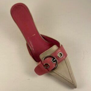 Prada Pink/Cream Fabric Mules with Leather Buckle, size 8, good condition.